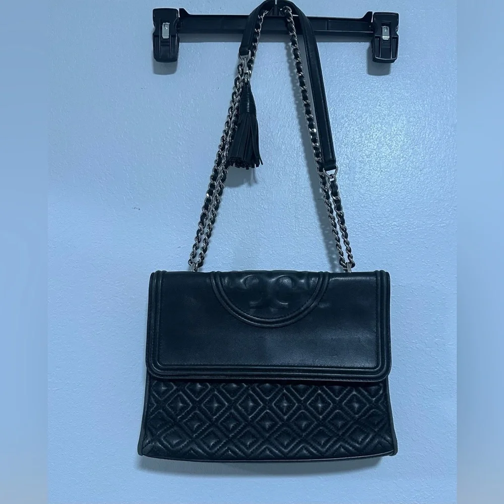 Tory Burch Fleming Shoulder Bag Black/silver Crossbody Chain Strap